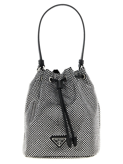 Borsa a secchiello Prada in raso grigio con cristalli