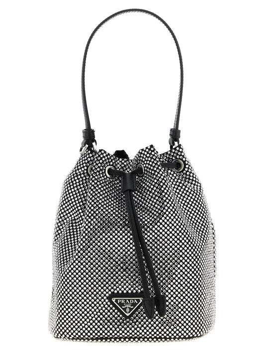 Borsa a secchiello Prada in raso grigio con cristalli