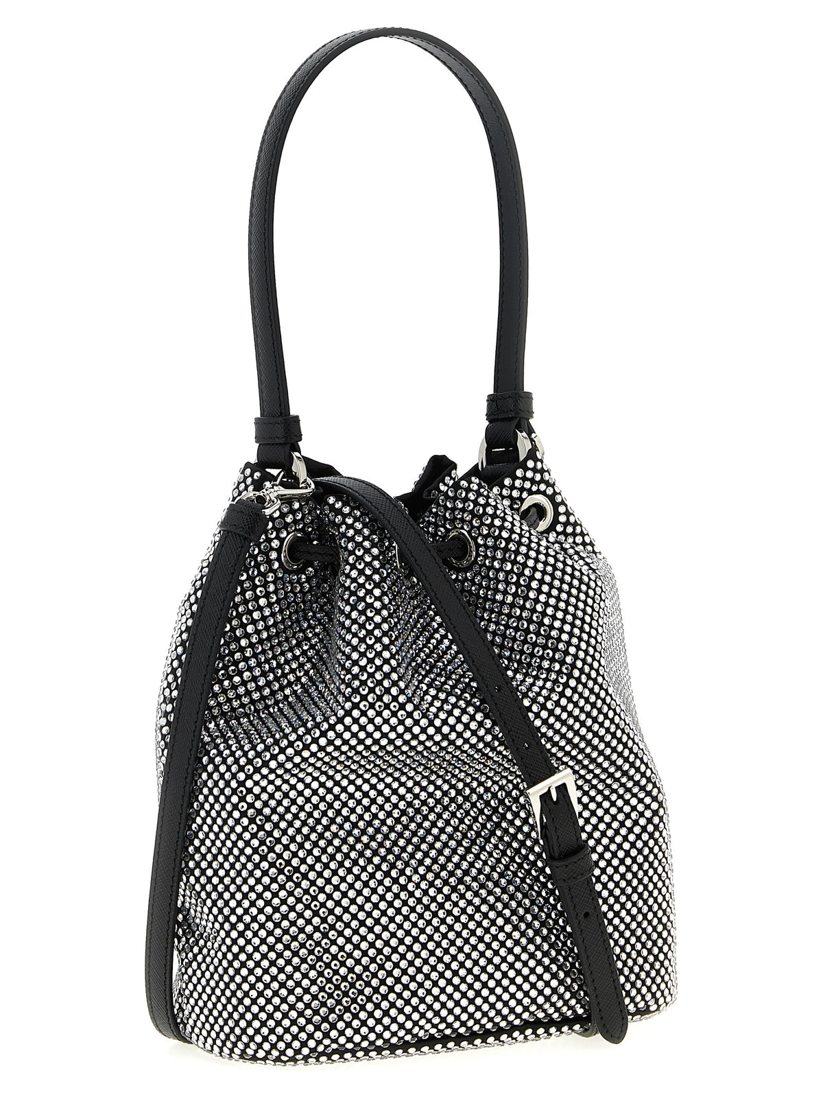 Borsa a secchiello Prada in raso grigio con cristalli