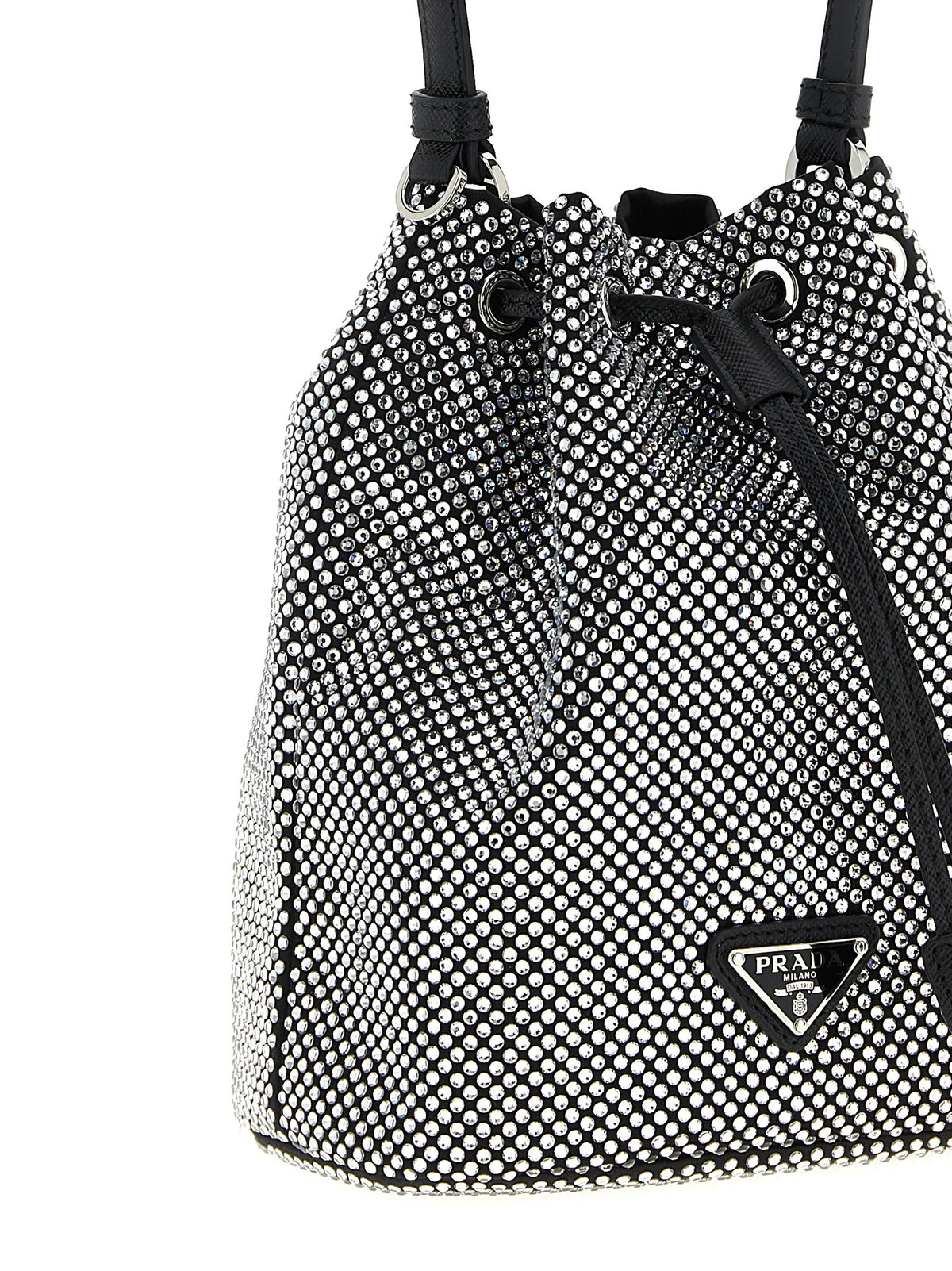 Borsa a secchiello Prada in raso grigio con cristalli