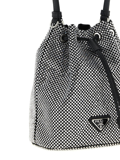 Borsa a secchiello Prada in raso grigio con cristalli