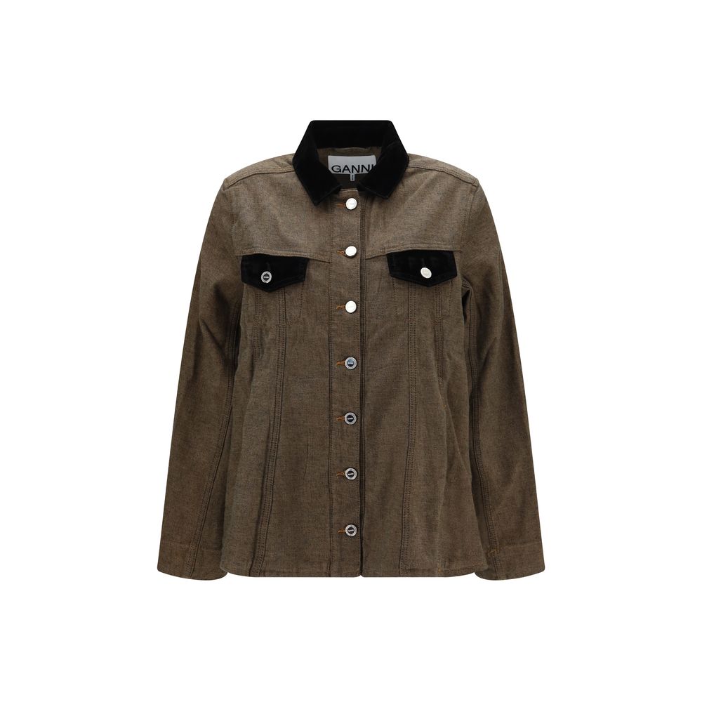 Giacca in denim di cotone marrone Ganni