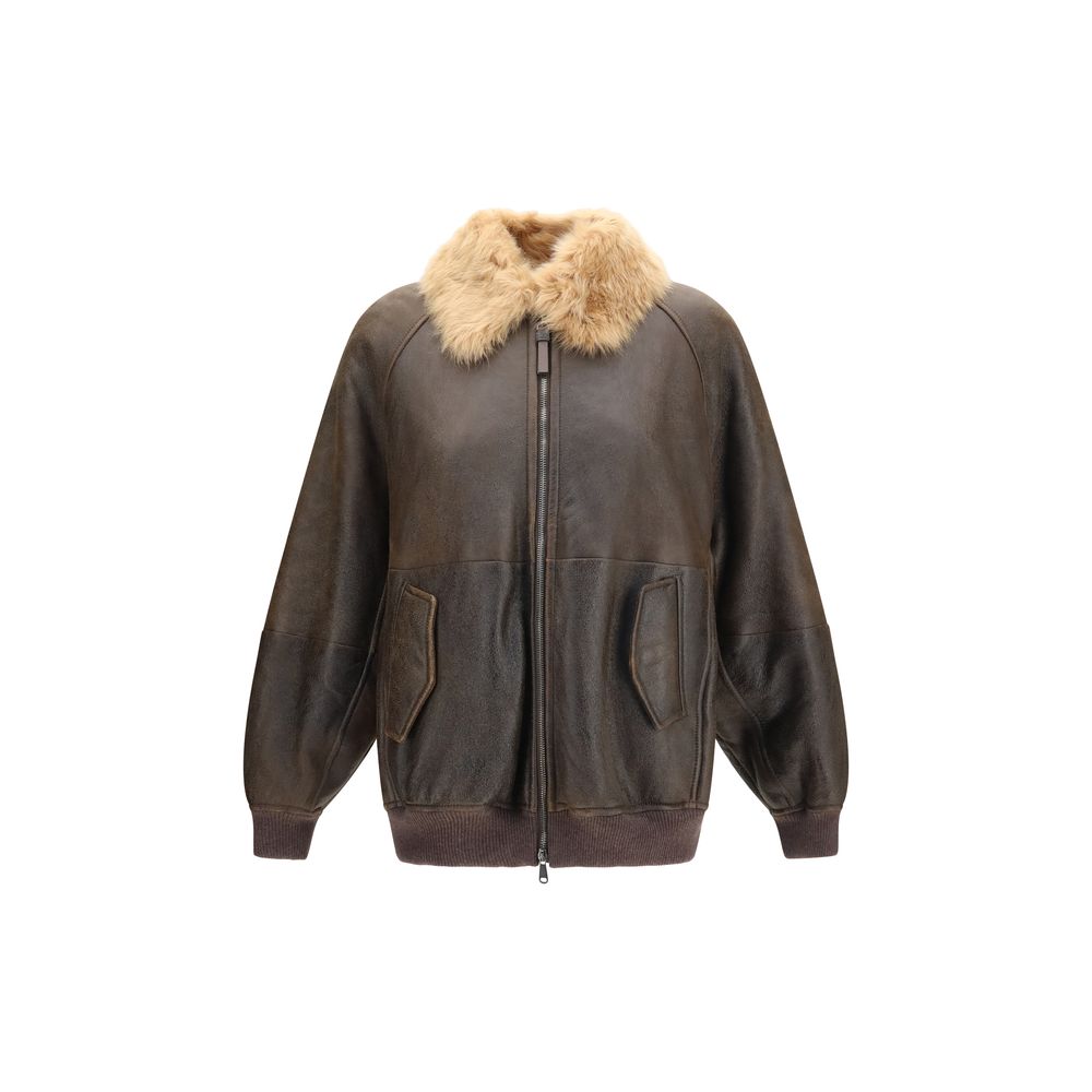 Bomber in pelle di agnello marrone di Brunello Cucinelli