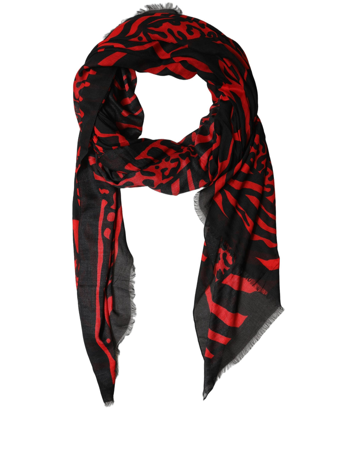 Dolce & Gabbana Sciarpa Nera e Rossa in Modal e Cashmere con Stampa Animalier