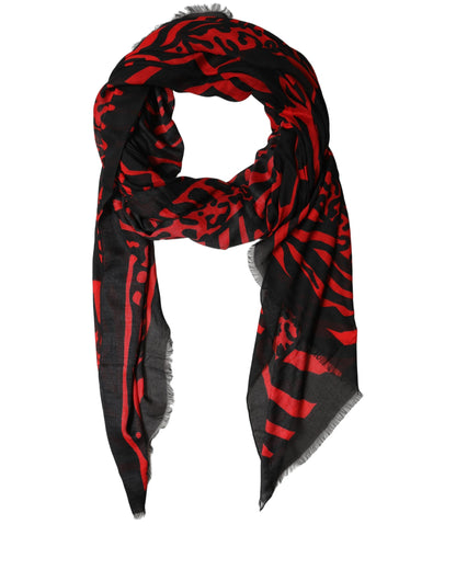 Dolce & Gabbana Sciarpa Nera e Rossa in Modal e Cashmere con Stampa Animalier