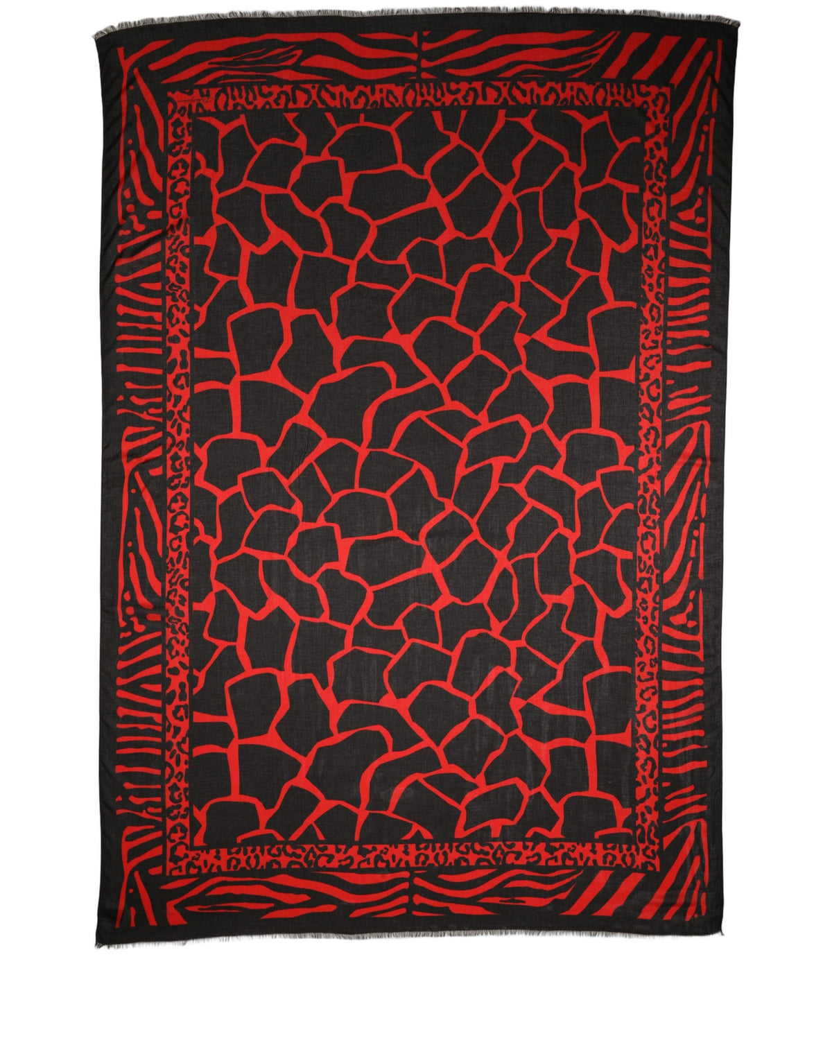 Dolce & Gabbana Sciarpa Nera e Rossa in Modal e Cashmere con Stampa Animalier