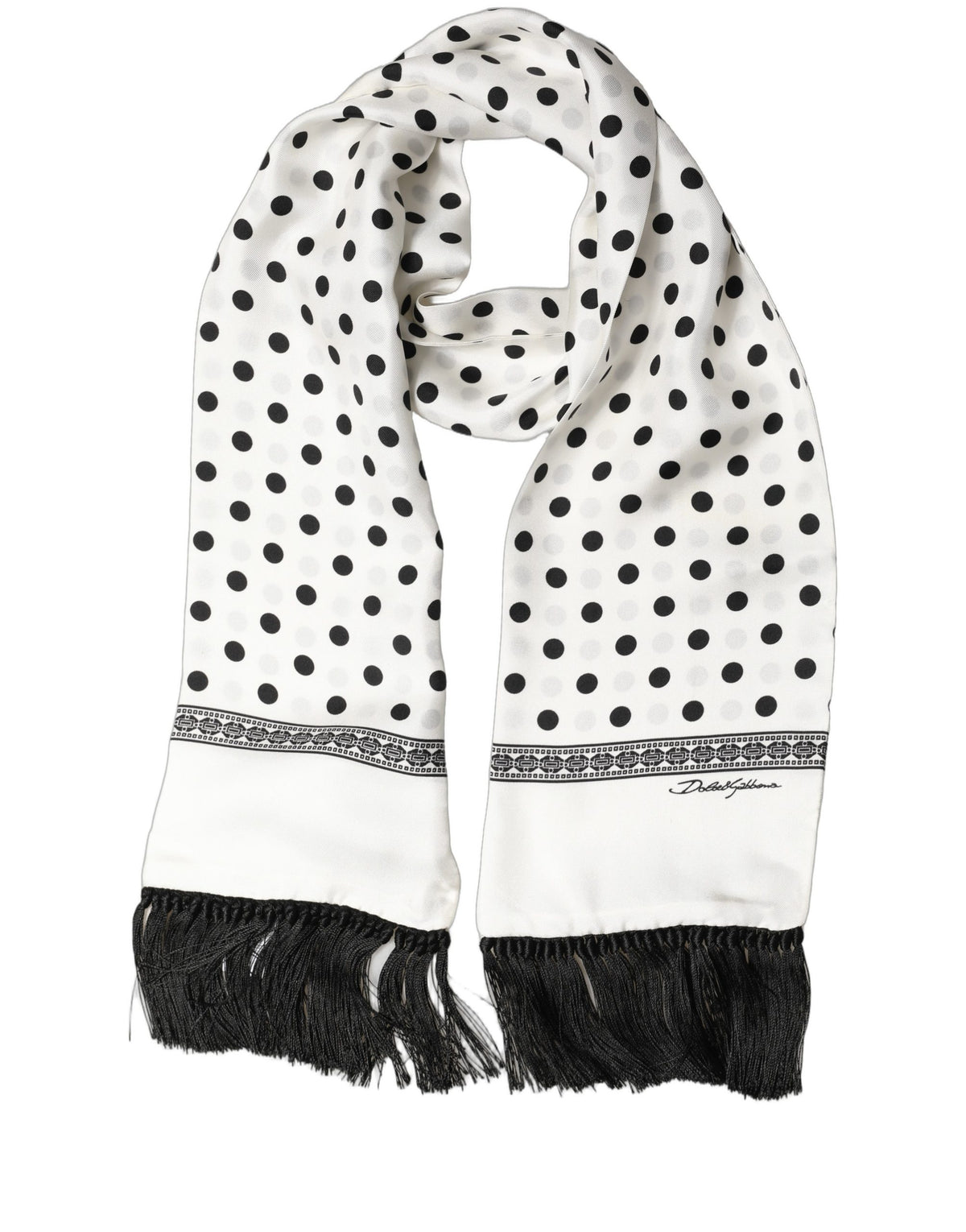 Dolce & Gabbana Sciarpa Bianca e Nera a Pois con Frange