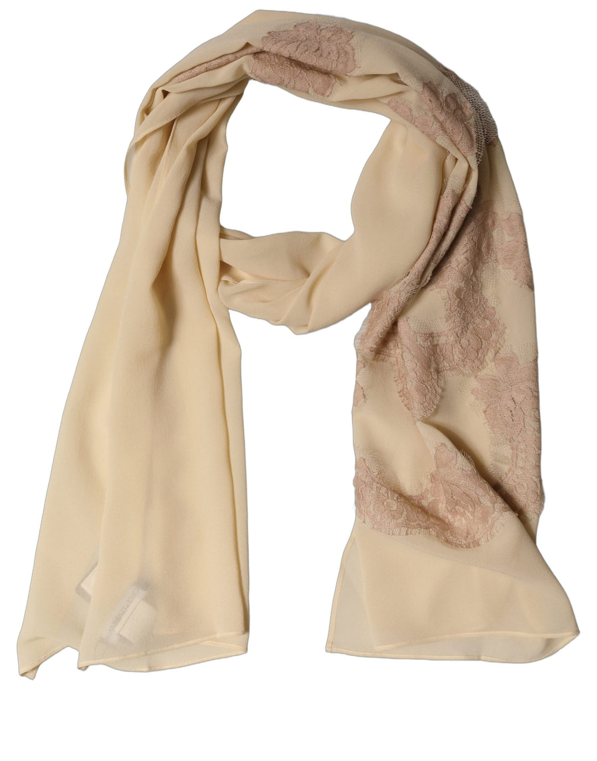 Dolce & Gabbana Sciarpa Beige Chiaro in Seta con Applicazione in Pizzo