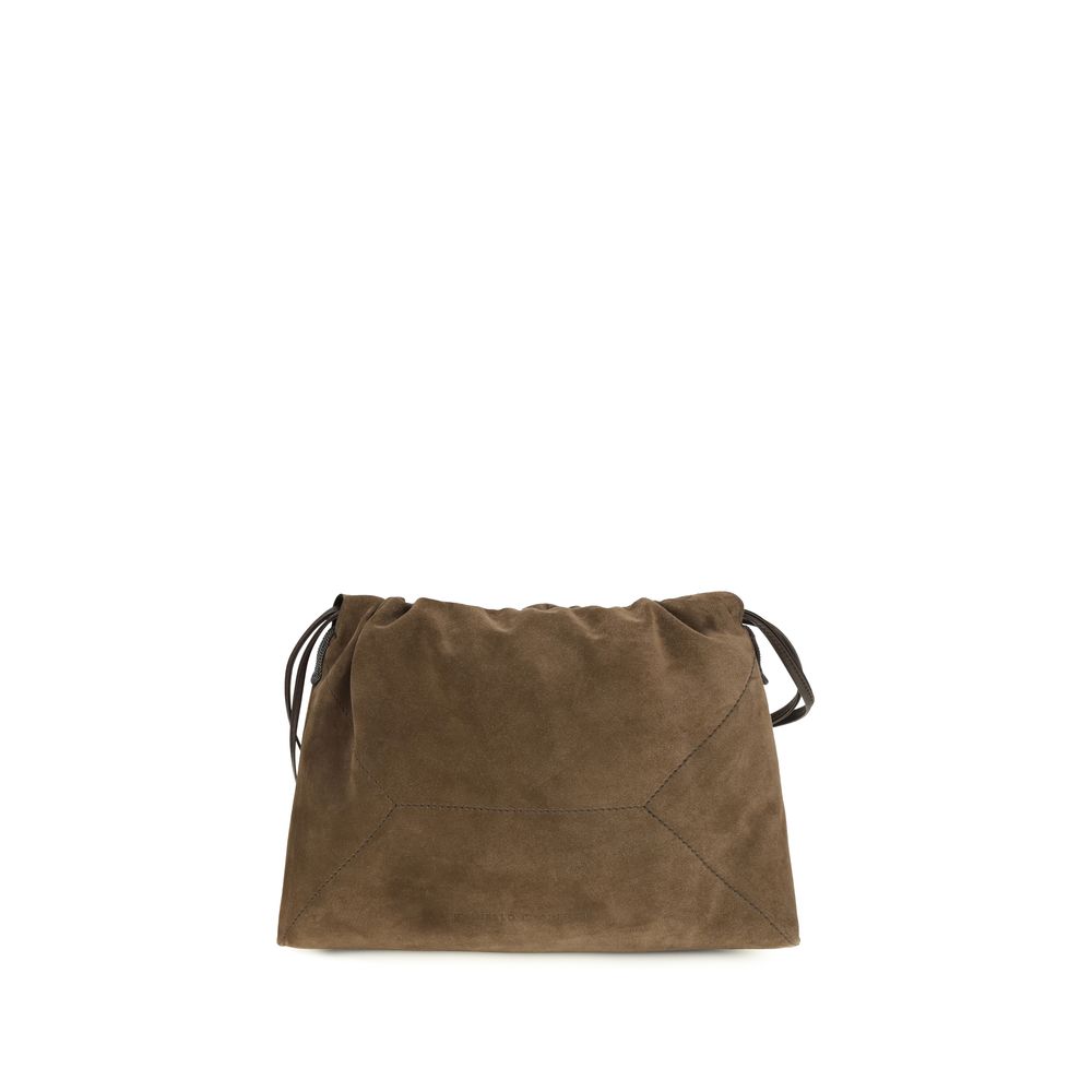 Brunello Cucinelli Pochette marrone in camoscio di vitello con Monili