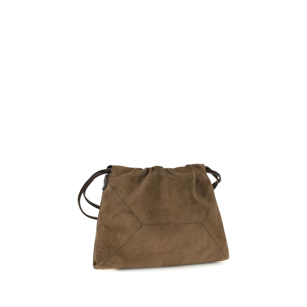 Brunello Cucinelli Pochette marrone in camoscio di vitello con Monili
