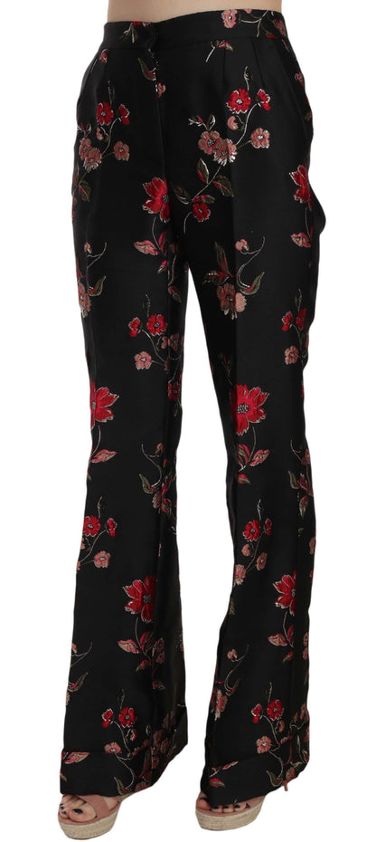 Dolce & Gabbana Pantaloni Neri con Motivo Floreale Stampato in seta e nylon e poliestere