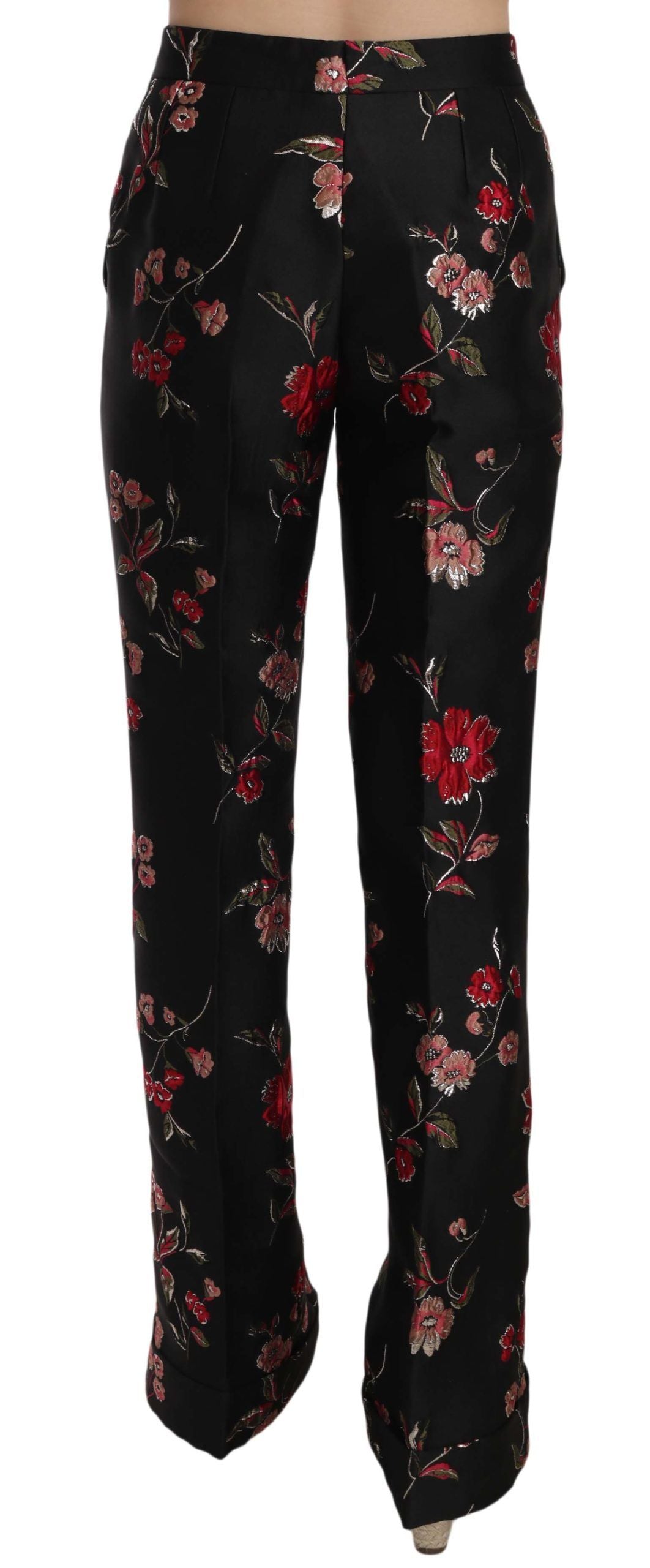Dolce & Gabbana Pantaloni Neri con Motivo Floreale Stampato in seta e nylon e poliestere