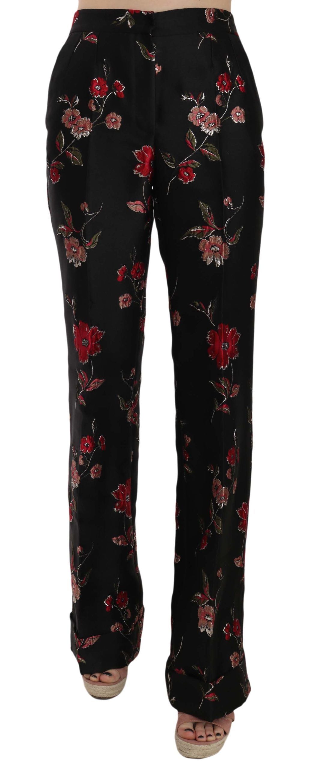Dolce & Gabbana Pantaloni Neri con Motivo Floreale Stampato in seta e nylon e poliestere