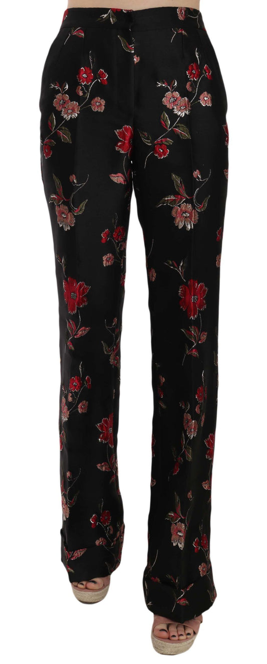 Dolce & Gabbana Pantaloni Neri con Motivo Floreale Stampato in seta e nylon e poliestere