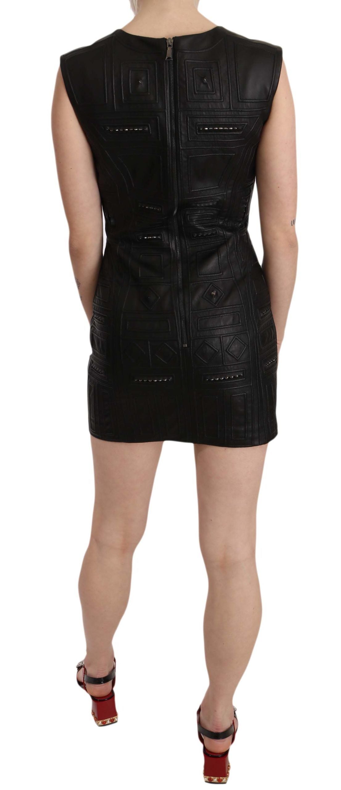 John Richmond Schwarzes Mini-Shiftkleid mit Nieten aus Leder