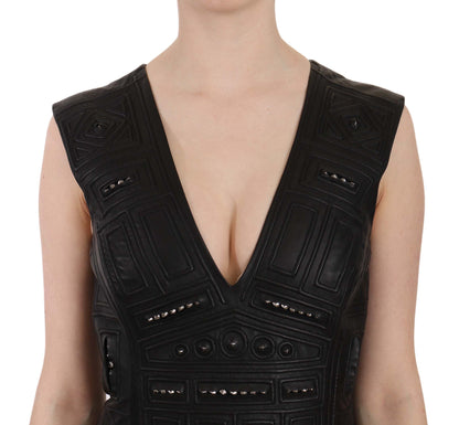 John Richmond Schwarzes Mini-Shiftkleid mit Nieten aus Leder