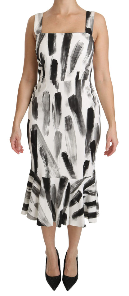 Dolce & Gabbana Weißes, schwarzes, bedrucktes Midi-Kleid aus Viskose