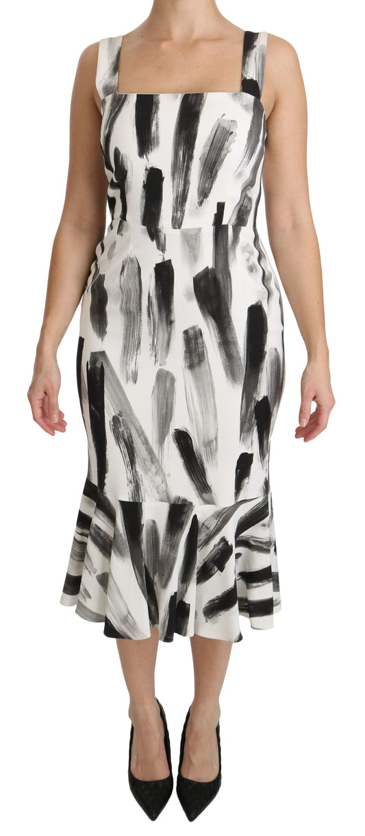 Dolce & Gabbana Weißes, schwarzes, bedrucktes Midi-Kleid aus Viskose