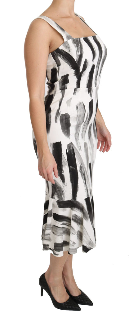 Dolce & Gabbana Weißes, schwarzes, bedrucktes Midi-Kleid aus Viskose