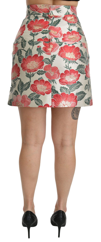 Dolce & Gabbana Weißer grüner roter geblümter Minirock mit hoher Taille