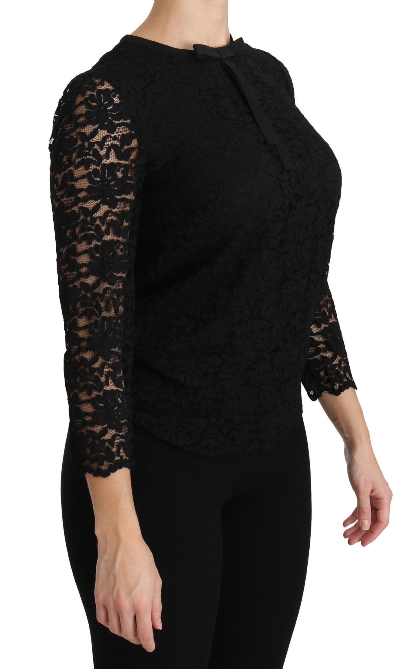 Dolce & Gabbana Schwarze langärmelige Nylonbluse mit Spitze