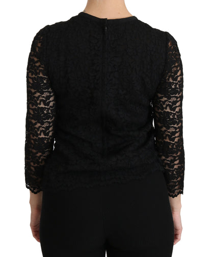 Dolce & Gabbana Schwarze langärmelige Nylonbluse mit Spitze