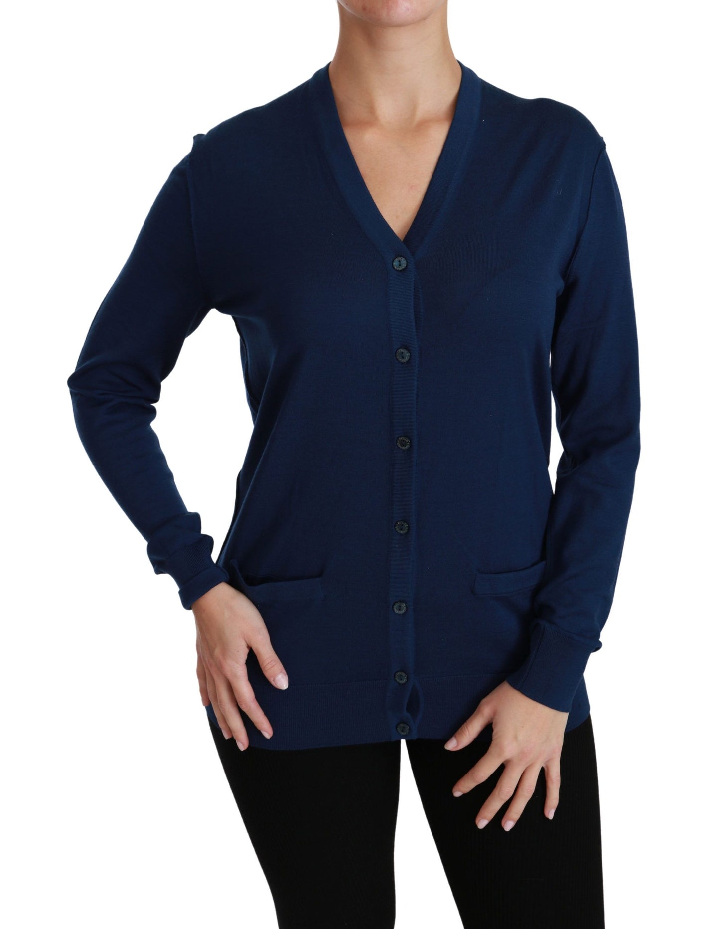 Dolce & Gabbana Blaue Knopf-Strickjacke Schurwollpullover