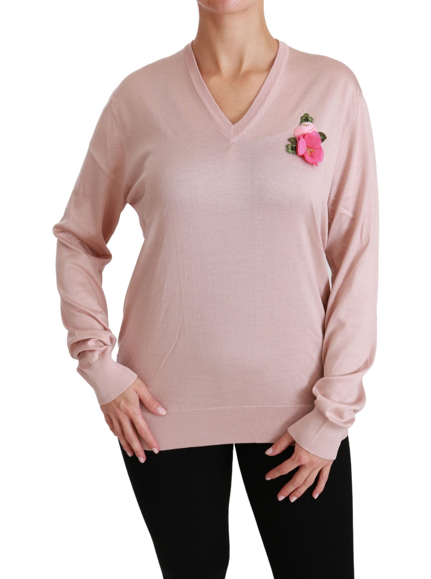 Dolce & Gabbana Rosa Pullover aus Seide mit Blumenverzierung