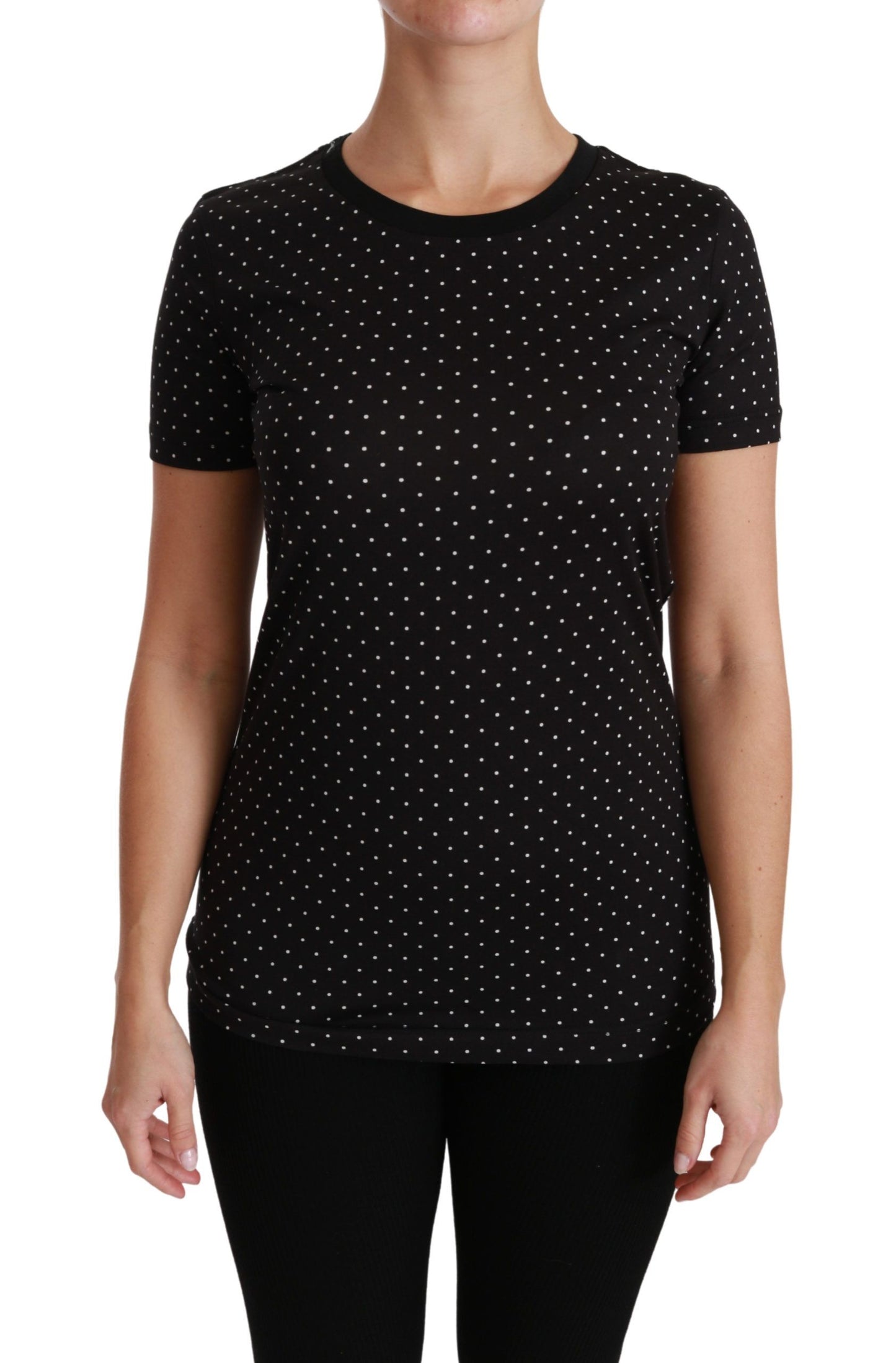 Dolce & Gabbana Schwarzes gepunktetes Baumwoll-T-Shirt mit Rundhalsausschnitt