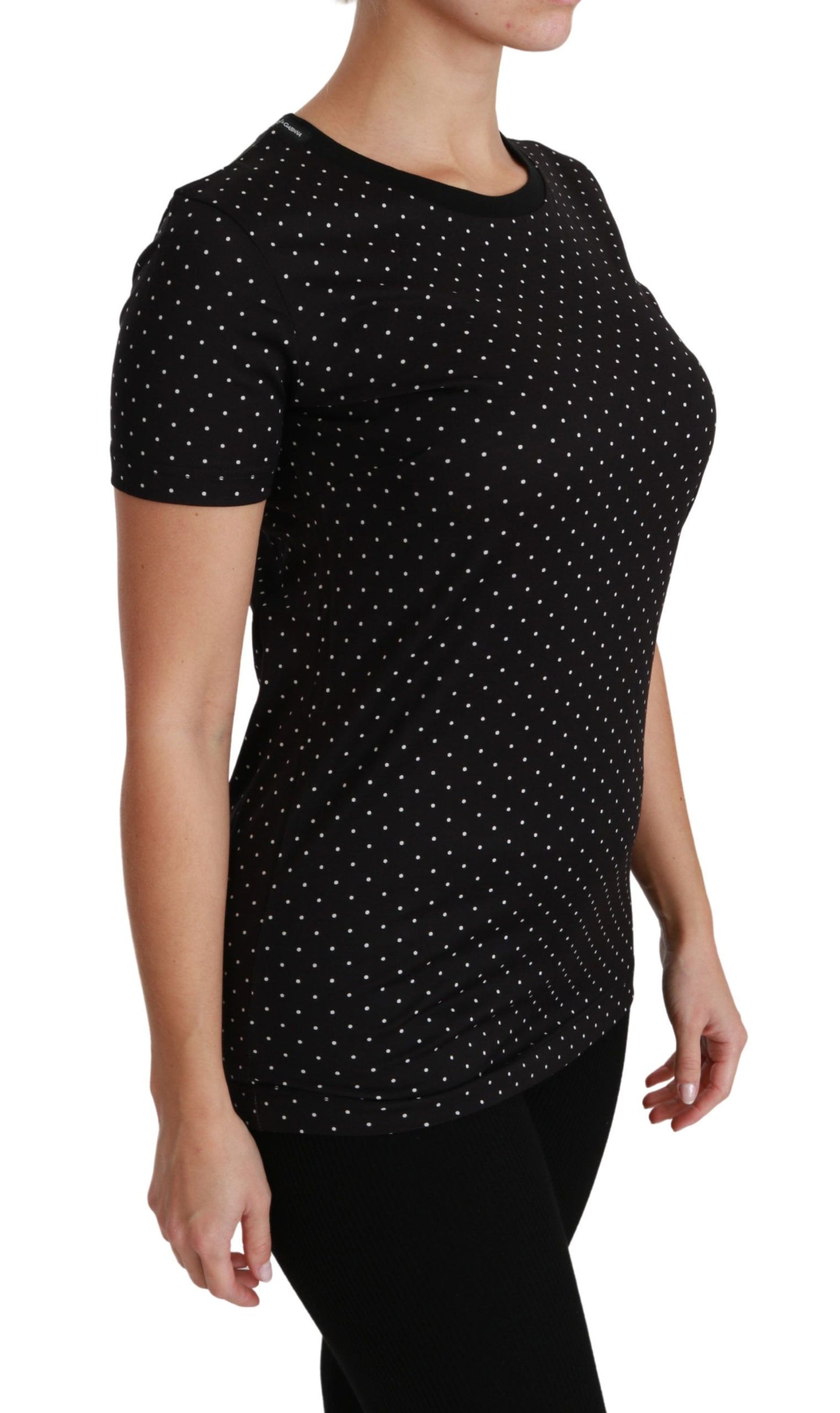 Dolce & Gabbana Schwarzes gepunktetes Baumwoll-T-Shirt mit Rundhalsausschnitt