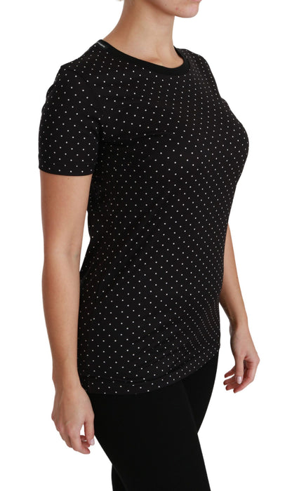 Dolce & Gabbana Schwarzes gepunktetes Baumwoll-T-Shirt mit Rundhalsausschnitt