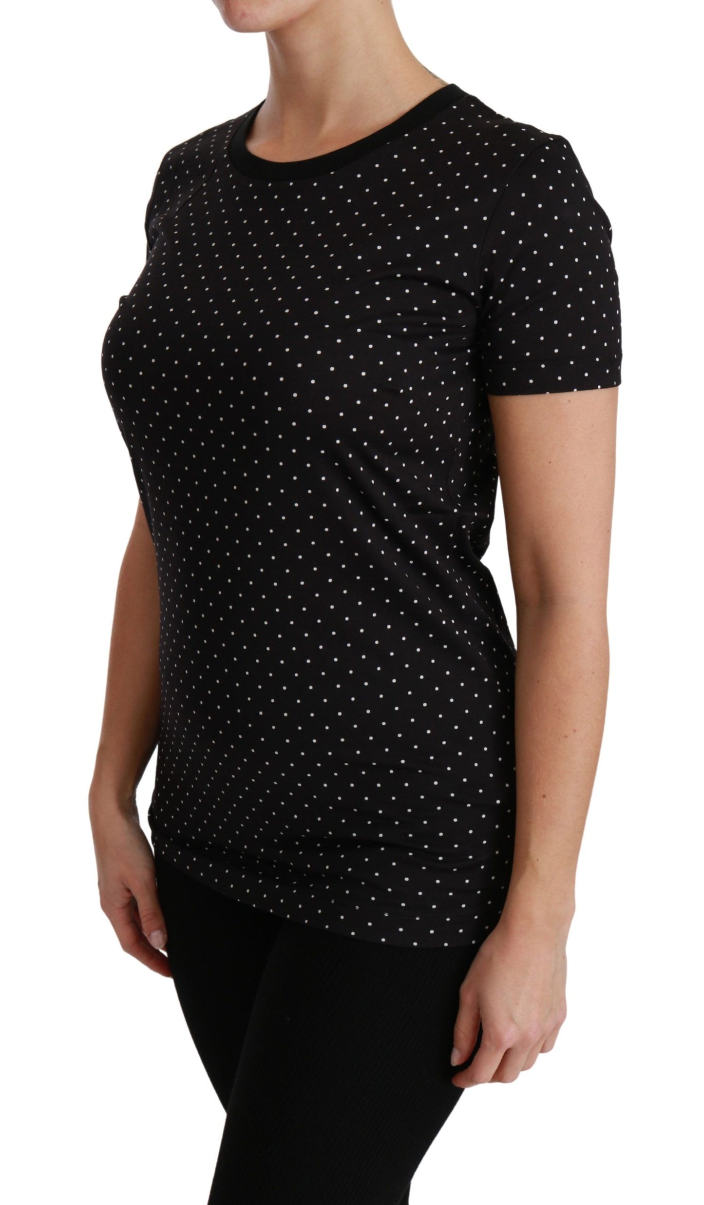 Dolce & Gabbana Schwarzes gepunktetes Baumwoll-T-Shirt mit Rundhalsausschnitt