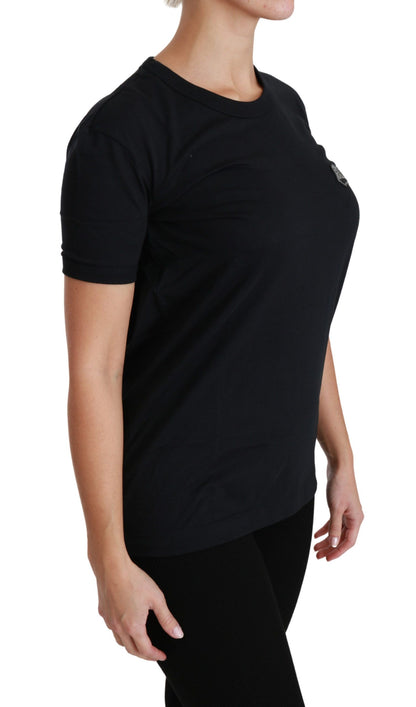 Dolce & Gabbana Blaues Amore Patch Baumwoll-T-Shirt mit Rundhalsausschnitt