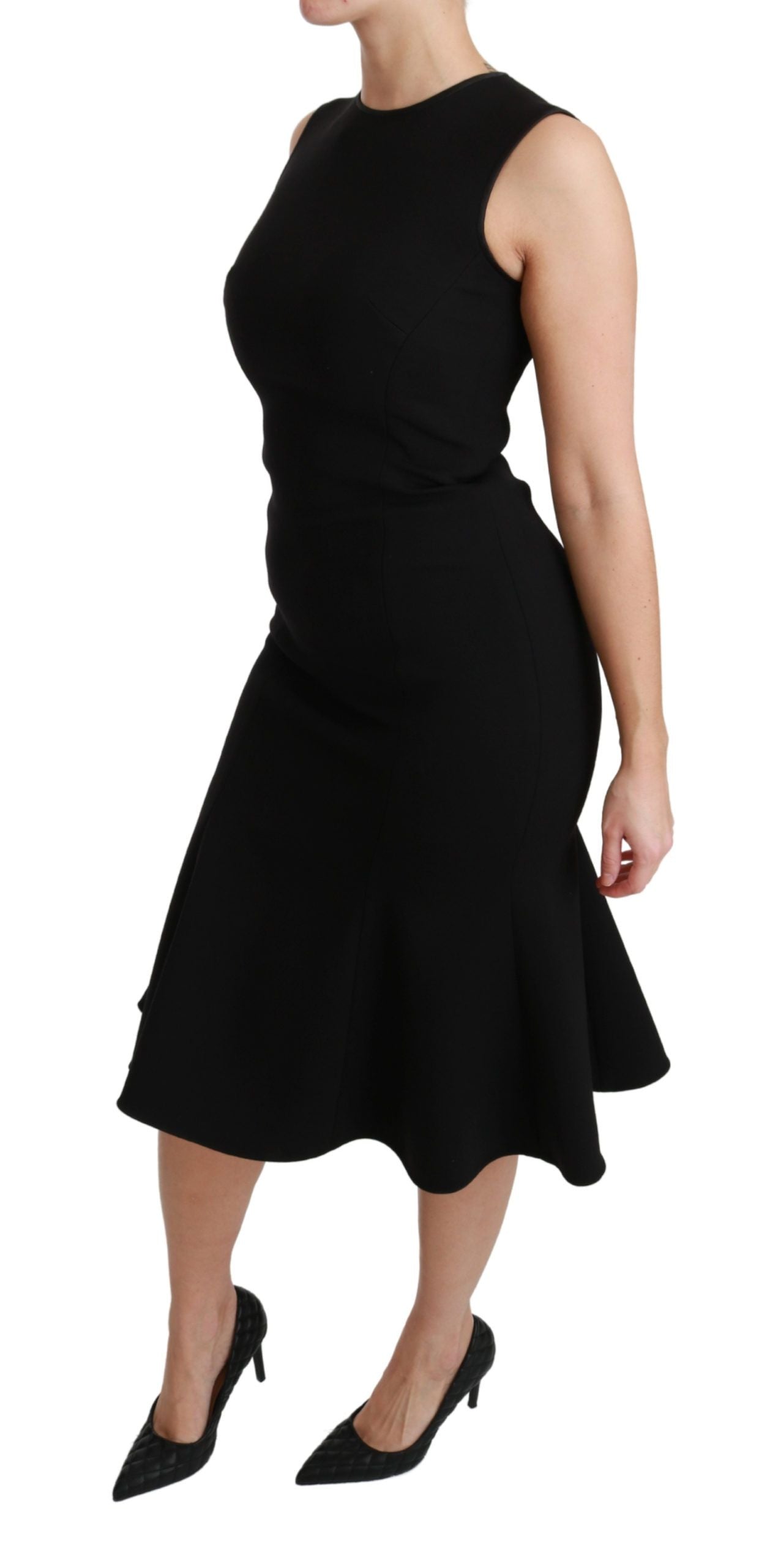 Dolce & Gabbana Schwarzes ausgestelltes Stretch-Scheidenkleid aus Wolle