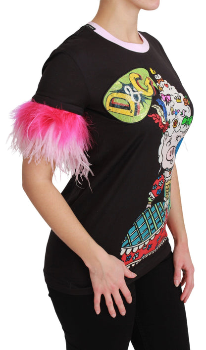 Dolce & Gabbana Schwarzes YEAR OF THE PIG Top Baumwoll-T-Shirt