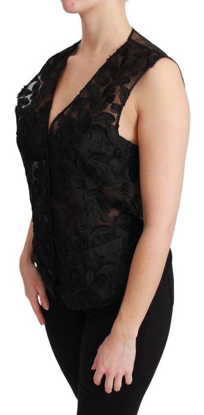 Dolce & Gabbana Schwarzes Brokat-Oberteil mit Blumenmuster Gilet-Weste