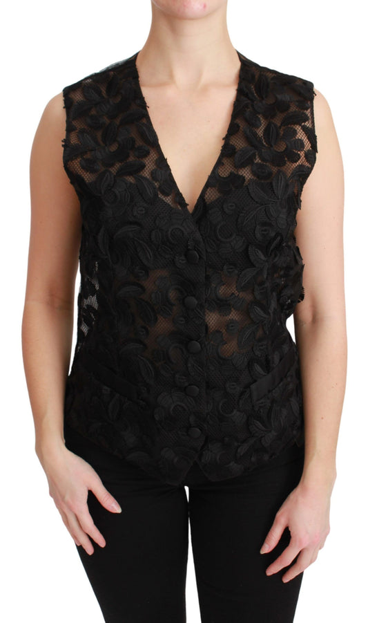 Dolce & Gabbana Schwarzes Brokat-Oberteil mit Blumenmuster Gilet-Weste