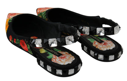 Dolce & Gabbana Schwarz Floral Kristall Slingbacks Flats Schuhe