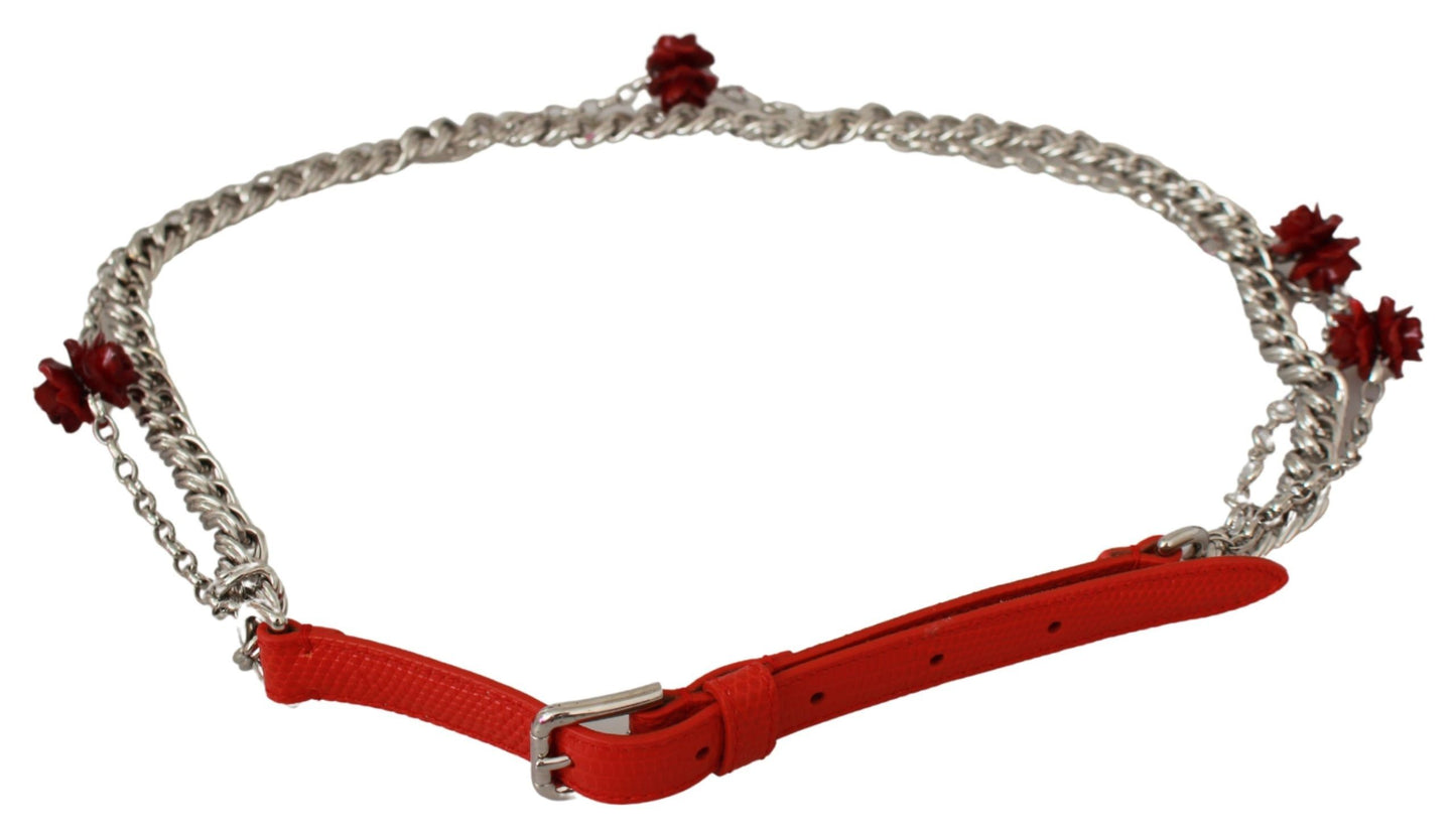 Dolce & Gabbana Roter Leder Rosen Floral Silberner Taillengürtel