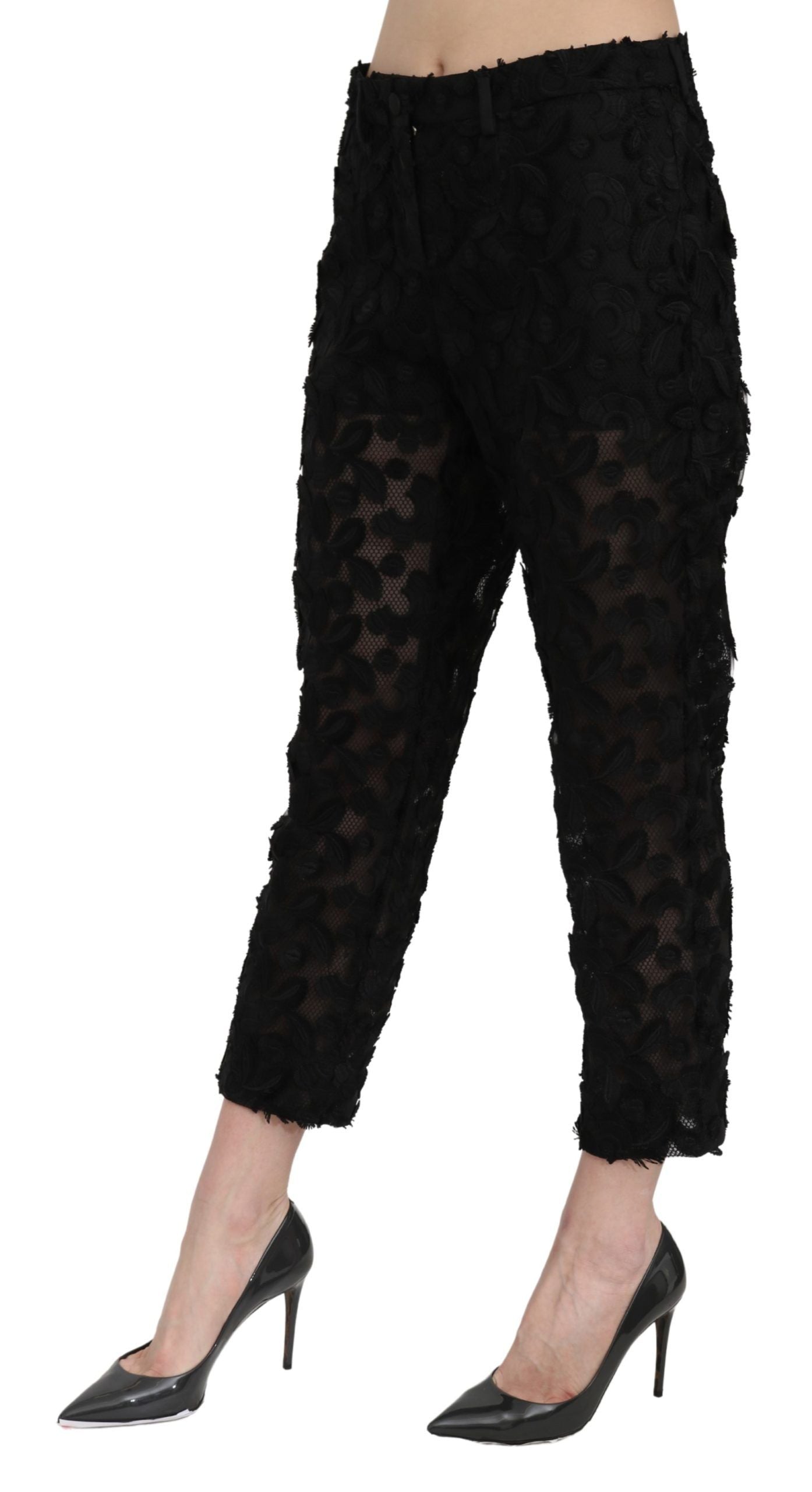 Dolce & Gabbana Schwarze gerade geschnittene Hose mit hoher Taille aus Spitze