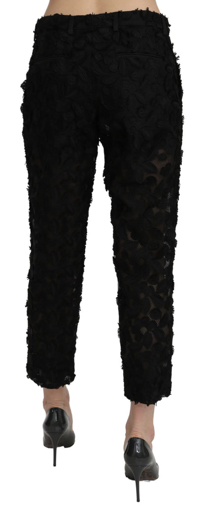 Dolce & Gabbana Schwarze gerade geschnittene Hose mit hoher Taille aus Spitze