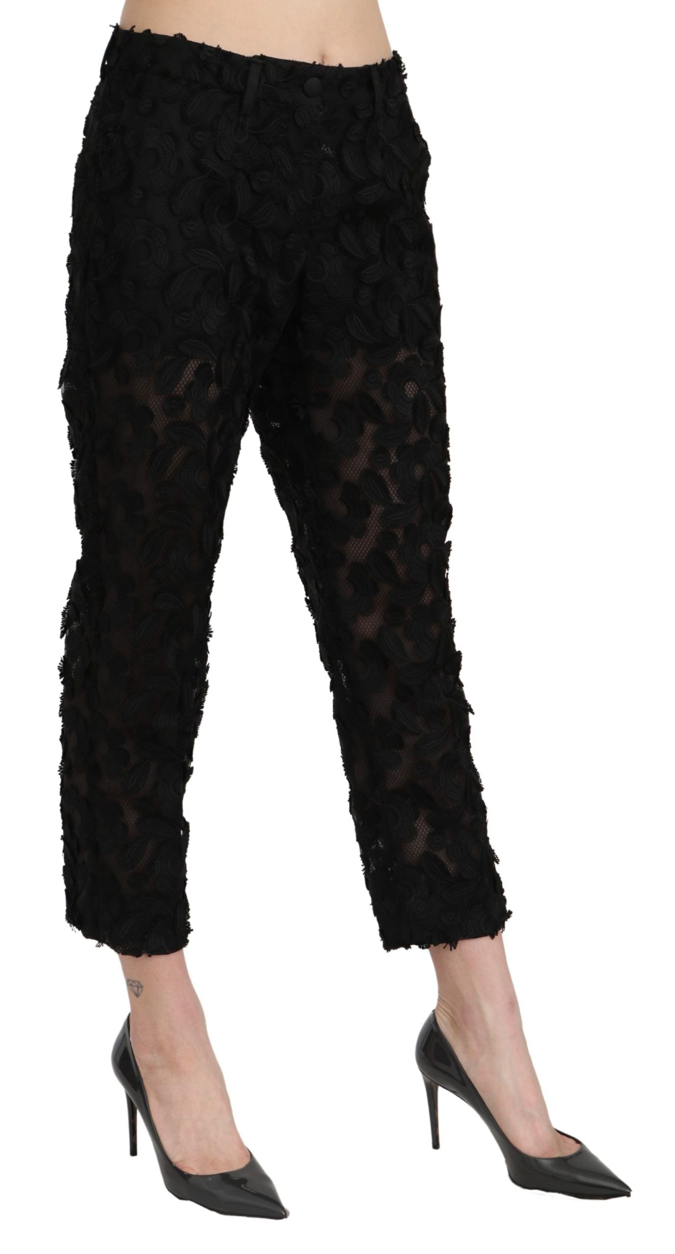 Dolce & Gabbana Schwarze gerade geschnittene Hose mit hoher Taille aus Spitze