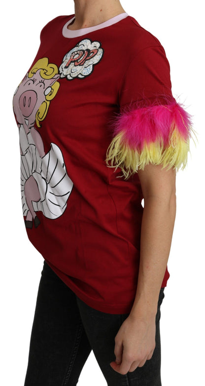 Dolce & Gabbana Rotes Schwein Druck Feder Ärmel T-shirt Top