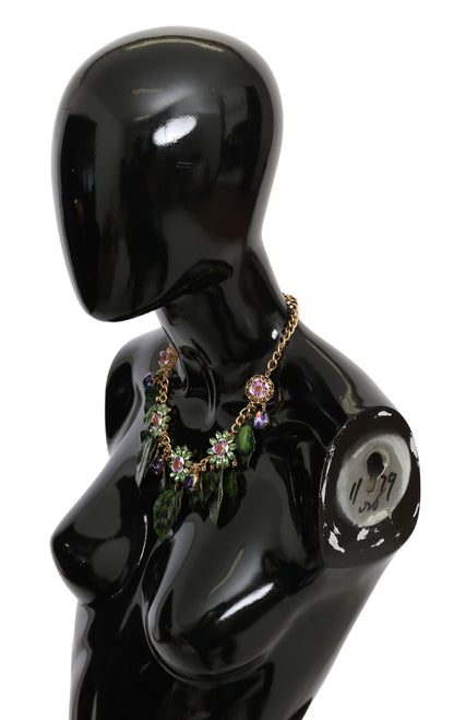 Dolce & Gabbana Grüne Blätter Gold Messing Kristall Blume Anhänger Halskette