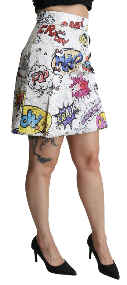 Dolce & Gabbana Weißer Cartoon-Brokatrock in A-Linie mit hoher Taille