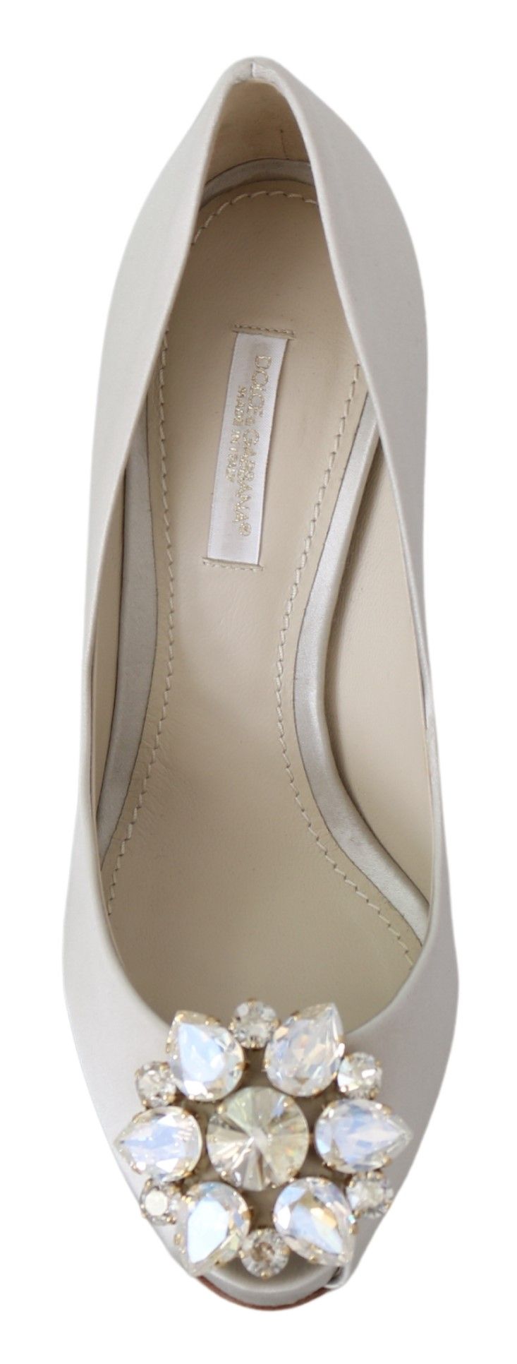 Dolce & Gabbana Weiß Crystals Peep Toe Heels Satin Pumps Schuhe