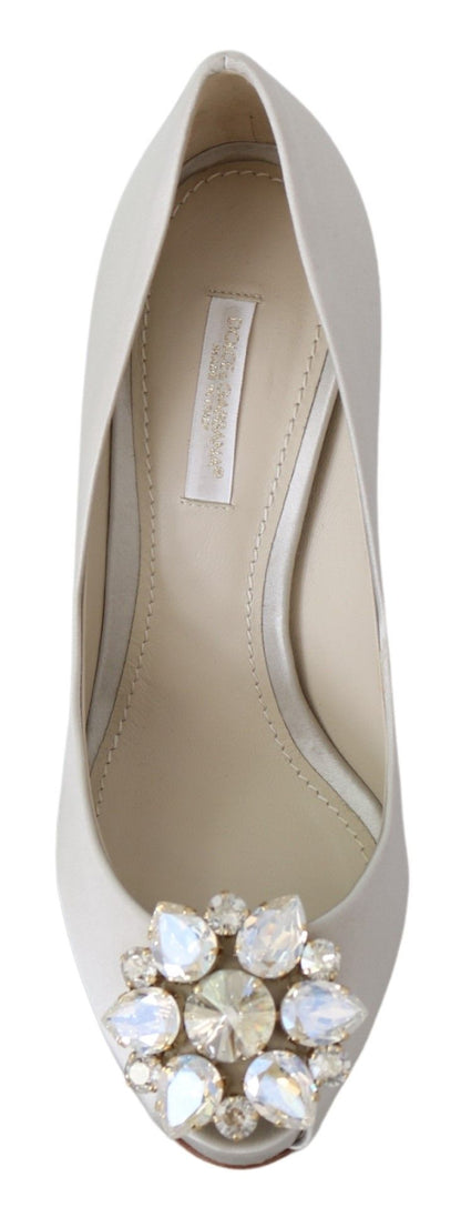 Dolce & Gabbana Weiß Crystals Peep Toe Heels Satin Pumps Schuhe
