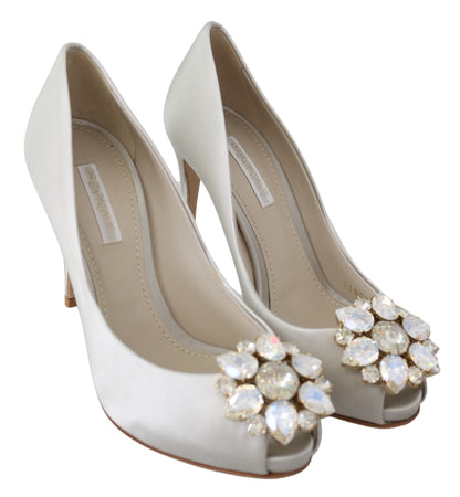 Dolce & Gabbana Weiß Crystals Peep Toe Heels Satin Pumps Schuhe