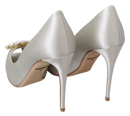 Dolce & Gabbana Weiß Crystals Peep Toe Heels Satin Pumps Schuhe