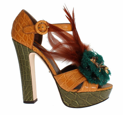 Dolce & Gabbana Orange Leder Kristall Plateau Sandale Schuhe
